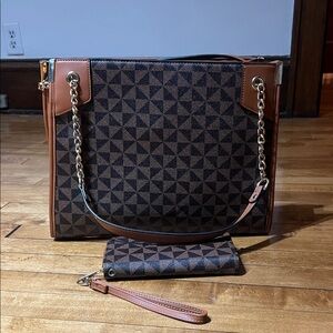 Brown Geometric Tote with Chain Handles and Matching Wristlet